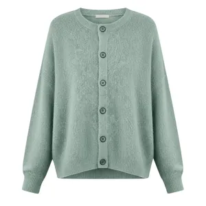 Detailed front view of soft mint green knit cardigan with ribbed cuffs and round neck