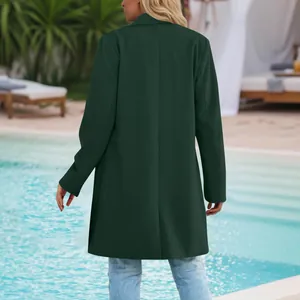 Back view of an elegant dark green mid-length long-sleeved blazer coat for women.