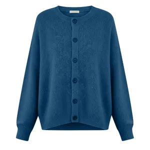 Detailed front view of a solid blue knit cardigan with six buttons and ribbed cuffs