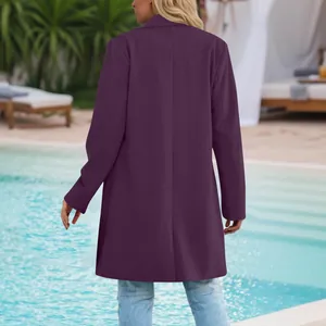 Back view of an elegant purple mid-length lapel coat for women, perfect for autumn