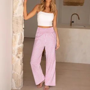 Women's pink and white gingham high-waisted wide-leg pants for a casual summer look
