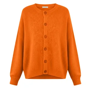 Front view of a vibrant orange knitted cardigan featuring a round neck and buttons