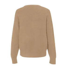 Detailed back view of a soft camel-colored crew neck knit sweater for women in a loose fit