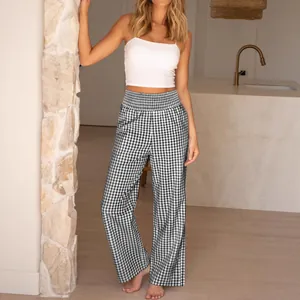 Fashionable women high waisted checkered wide leg pants casual loose plaid trousers