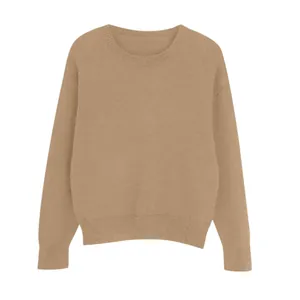 Front view of a minimalist loose-fit camel crew neck knitted sweater with ribbed cuffs.