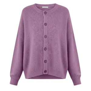 Detailed view of a soft purple knit cardigan featuring button closures and round neck.