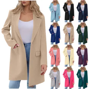 Women Mid-Length Lapel Blazer Coat Elegant Solid Color Long Sleeve Single Button Casual Commuter Office Outerwear With Pockets