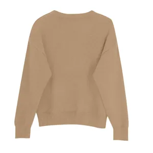 Back view of a comfortable vintage style soft brown loose crewneck knit sweater