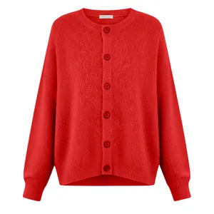 Front view of a vibrant red knit cardigan with tonal buttons and ribbed cuffs.