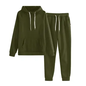 Detail view of dark olive green women's two-piece hoodie and drawstring jogger set