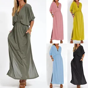 Vestito Lungo da Donna Stile Francese Scollo a V Vita Alta Tinta Unita Casual Spacco Laterale Manica Corta Poliestere