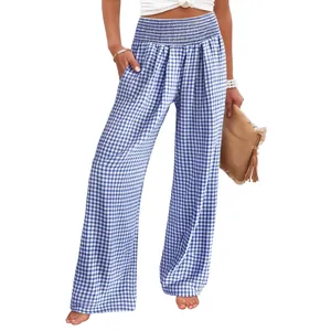 Women's blue and white gingham high-waisted wide-leg trousers for a casual summer style