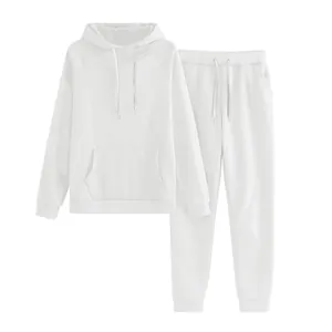 White two-piece sweatsuit featuring a hooded sweatshirt and matching drawstring pants.