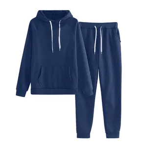 Detail view of navy blue hooded sweatshirt and matching drawstring jogger pants