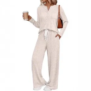 Damen Rippstrick Loungewear Lässig V-Ausschnitt Langarm Top Und Bottom Mode Einfarbig Heimoutfits Jogger Set