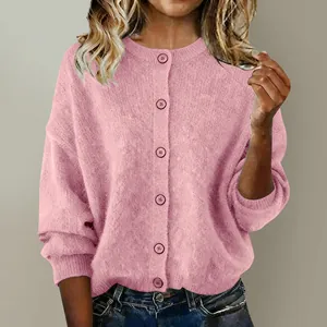 Casual soft pink knitted cardigan for women featuring front buttons and long sleeves