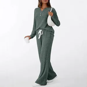 Damen 2-Teiler Lounge-Set mit geripptem V-Ausschnitt, Langarm-Oberteil und weiter Hose