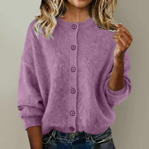 Close-up view of a purple long-sleeved knitted cardigan featuring a button-down front design.