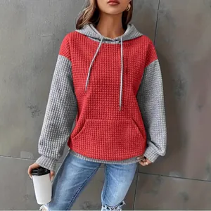 Stylish oversized waffle knit color-block hooded sweatshirt for women in red and grey