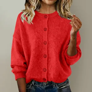 Stylish red knitted cardigan sweater for women with detailed texture and black buttons