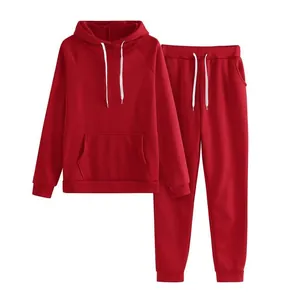 Casual red women's tracksuit set with drawstring hoodie and jogger pants
