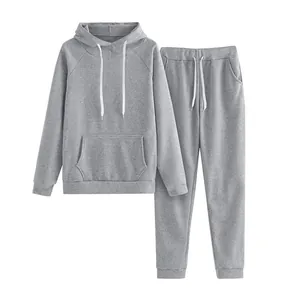 Detailed view of high-quality grey hooded sweatshirt and joggers lounge set for women