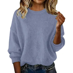 Soft loose-fit crewneck knit sweater in lavender blue, cozy autumn fashion style for women.