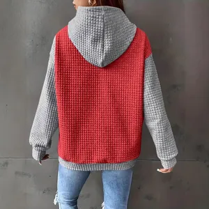 Casual oversized waffle knit color block hooded sweatshirt for women back view