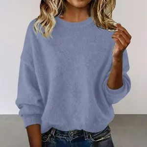 Detail view of soft blue-violet knit crewneck sweater with comfortable loose fit texture