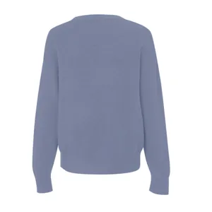 Back view of a soft blue knit sweater with a classic round neck and ribbed hem
