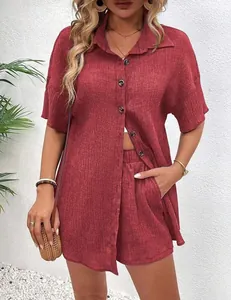 Stylish dark red two-piece set including a button-up shirt and matching shorts for women