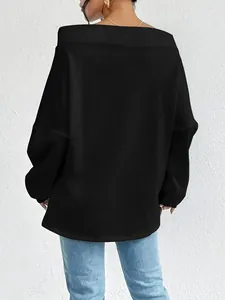 Back view of a casual black off-shoulder sweatshirt featuring a sexy loose fit design