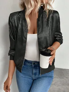 Giacca bomber nera metallizzata alla moda per donna con zip per stile di strada urbano