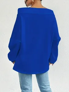 Detailed back view of a vibrant royal blue off-shoulder long sleeve sweatshirt for women