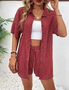 Casual elegant dark red short sleeve button-up shirt and matching drawstring shorts set