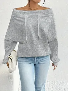 Detail view of a sexy gray off-the-shoulder sweatshirt with adjustable drawstring design.