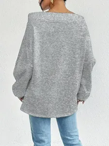 Detailed back view of a grey off-the-shoulder oversized long sleeve casual sweatshirt