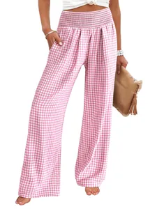 Stylish pink and white gingham wide-leg trousers featuring elastic waist and side pockets