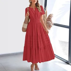 Elegant red V-neck tiered maxi dress with puff sleeves and pleated waist for summer