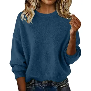 Women's loose crew neck knit sweater in blue, cozy and stylish casual wear.