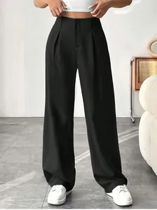 Elegant women's high-waisted black straight-leg pants with a comfortable suit-like fit.