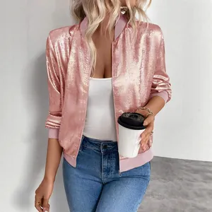 Giacca bomber rosa metallizzato da donna con cerniera per moda urbana e casual