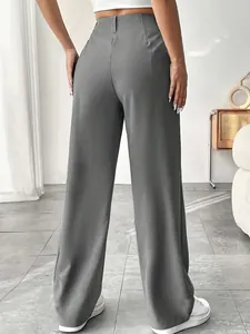Detailed back view of elegant gray high-waist straight-leg trousers with a sleek fit