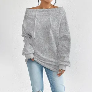 Chic off-the-shoulder grey sweatshirt with adjustable drawstrings and relaxed fit style