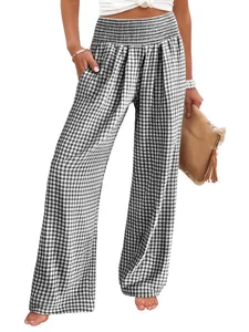 Stylish women's black and white gingham wide-leg pants with elastic smocked waist
