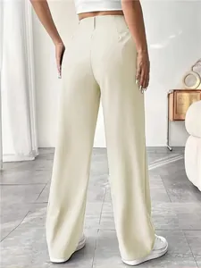 Elegant high-waisted beige straight-leg trousers back view showing fit and drape
