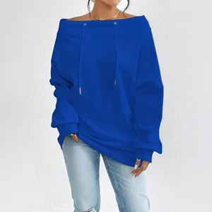 Casual bright blue off-shoulder sweatshirt with long sleeves and adjustable drawstring collar