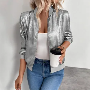 Giacca bomber metallizzata argento alla moda da donna con design a cerniera casuale