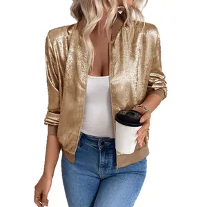 Giacca bomber da donna in oro metallizzato con cerniera per un look street alla moda.