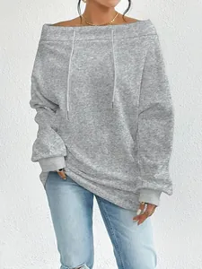 Sudadera gris informal con hombros descubiertos, cordón ajustable y manga larga mujer